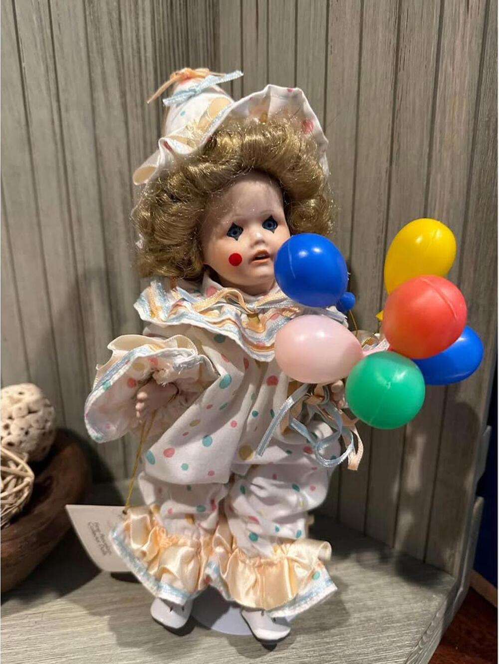 Marie Osmond, Courtnie Clown Baby Doll, porcelain doll Stand 12” Tall - w/ stand